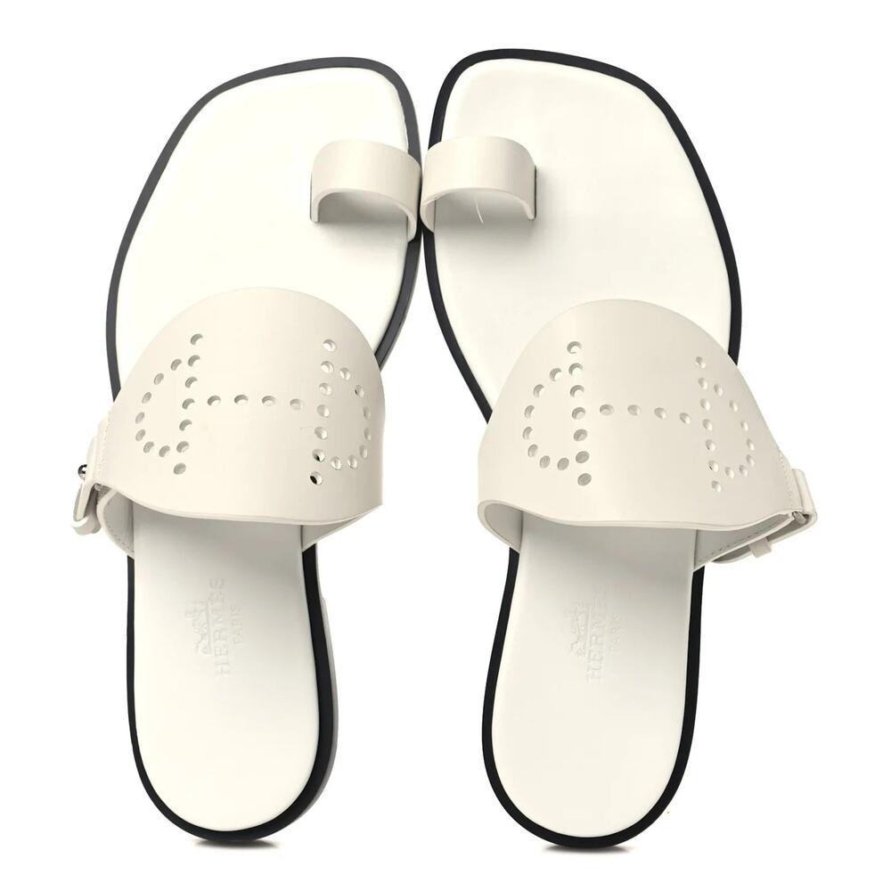 Hermes Calfskin Perforated Hera Slip On Slide Sandals White Women's EU 40.5